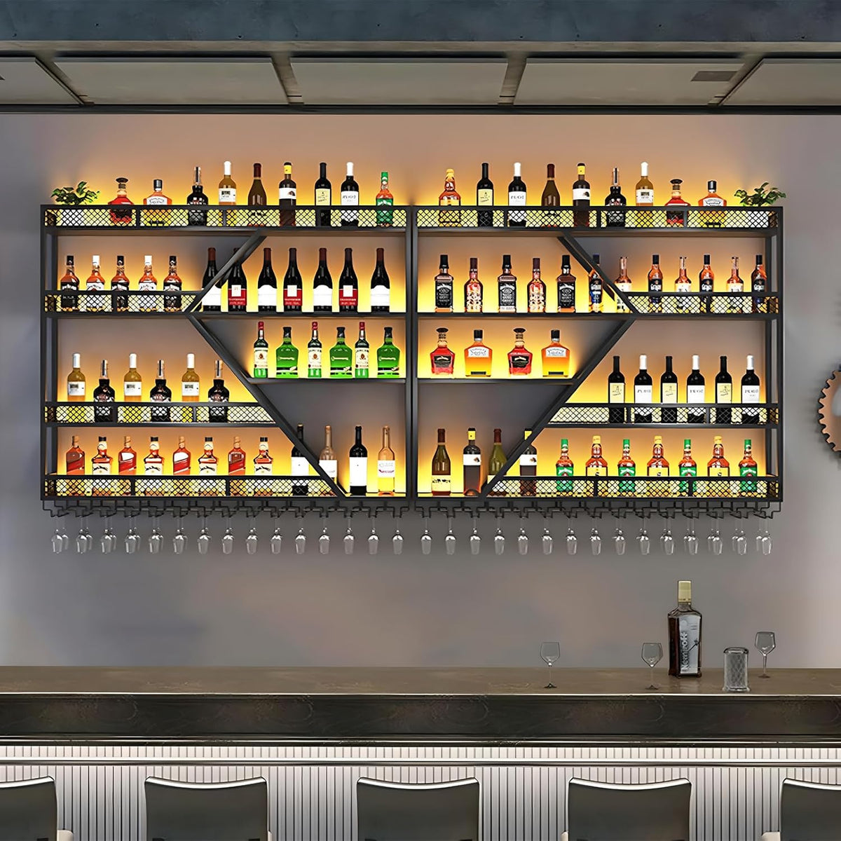 94.48in Metal Wine Rack Wall Mounted, Modern Wine Storage Rack Wall Mounted with Wine Glass Holder, Liquor Shelf, Bar Shelves for Liquor Bottles (4 Tiers Black, 94.48 * 7.87 * 33.85INCH)