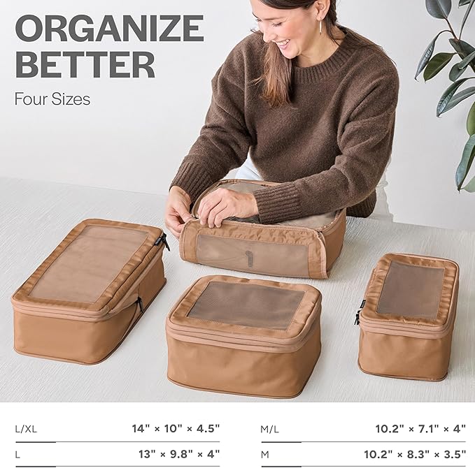 Aerotrunk Compression Packing Cubes for Travel - Luggage Organizer Bags - Double Zipper Packing Cubes for Suitcases (4-Pack, Mocha)