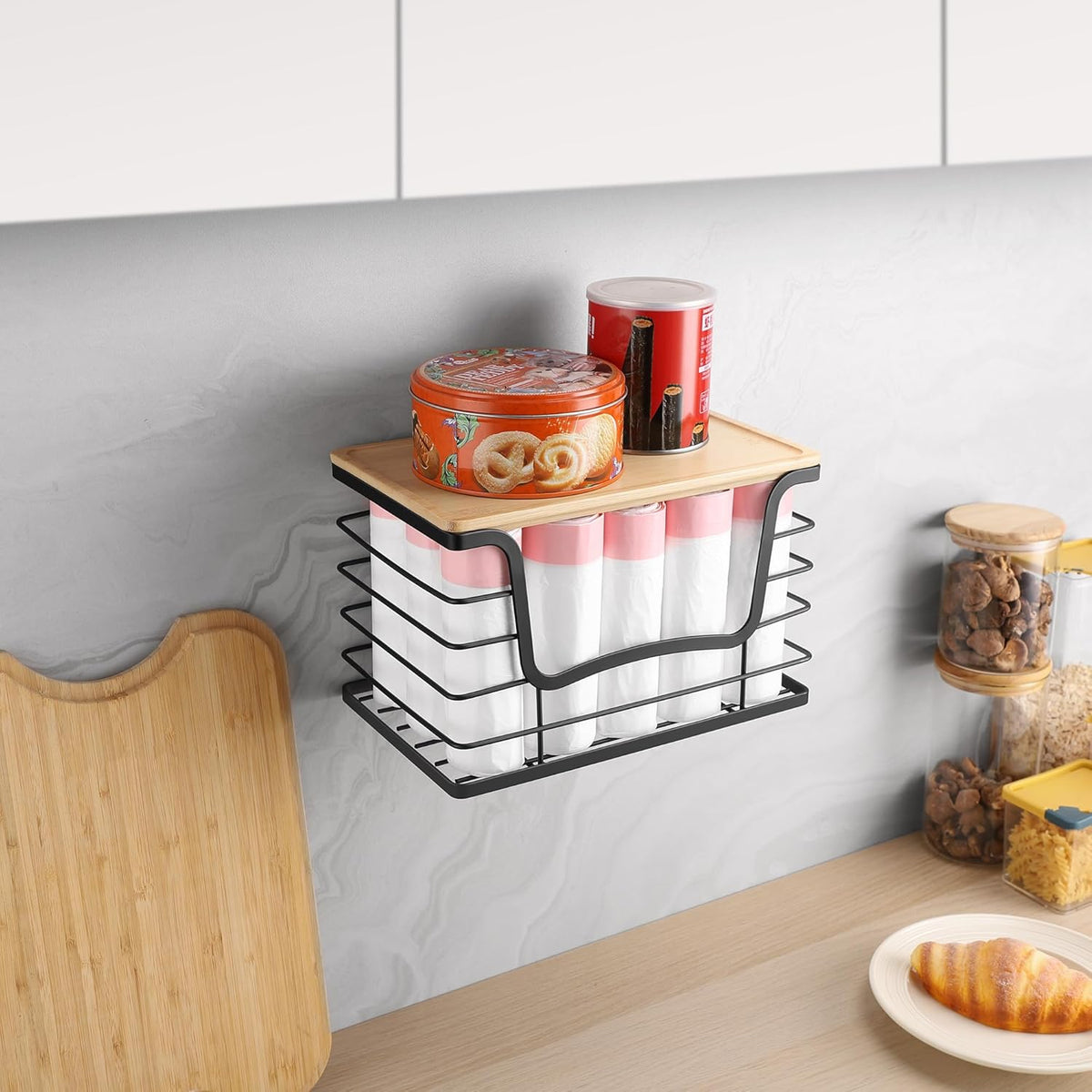 Trash Bag Dispenser Holder for Kitchen Laundry Wall Mount Stackable Garbage Bag Dispenser Roll Holder with Bamboo Top for Countertop, Under Sink