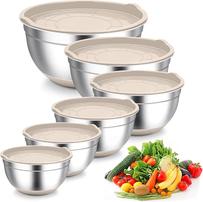 TeamFar Khaki Mixing Bowls, 6-Piece Stainless Steel Nesting Salad Bowls with Lid Set for Prepping Baking, Non-Toxic & Stackable, Air-Tight Lid & Non Slip Bottom, 4.6/2.6/2/1.5/1 / 0.7 QT