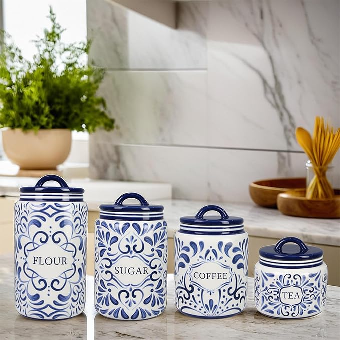 Young's Inc. 4 Pcs Set Talavera Ceramic Canisters- Storage Container for Kitchen and Bathroom - Beautiful Home Decor Accent to Store Food, Coffee, Tea, and More - White, Blue