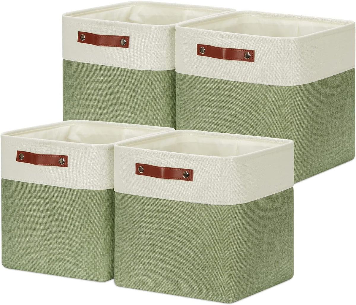 DULLEMELO Storage Basket, Linen Closet Organizers and Storage Baskets for Home Office, Suitable as Dog Toy Box, Baby Gift Basket, 4 Pieces 12x12 Decorative Cube Storage Bins(4 Pack - 12" White&Green)