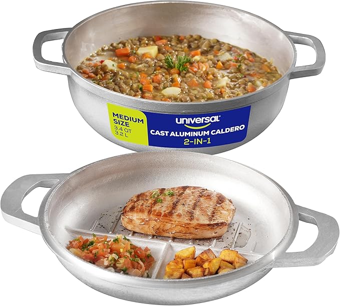 Universal 2-in-1 Caldero (9.4 inch/24 cm), Versatile Dutch Oven Pot with Lid, Premium Cast Aluminum with Dual-Function Lid for Searing Meats, Compact Pots for Stews & Rice