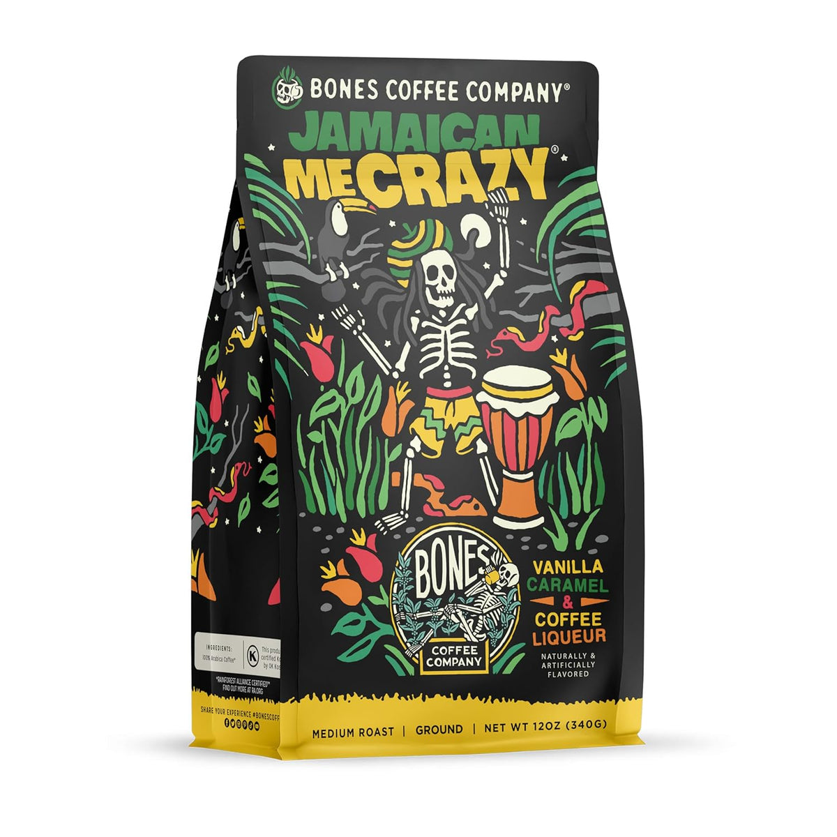 Bones Coffee Company Jamaican Me Crazy, Vanilla Caramel Flavored Coffee, Medium Roast Low Acid Arabica Beans Compatible with Auto drip and French Press Coffee Maker, 12 Oz Ground