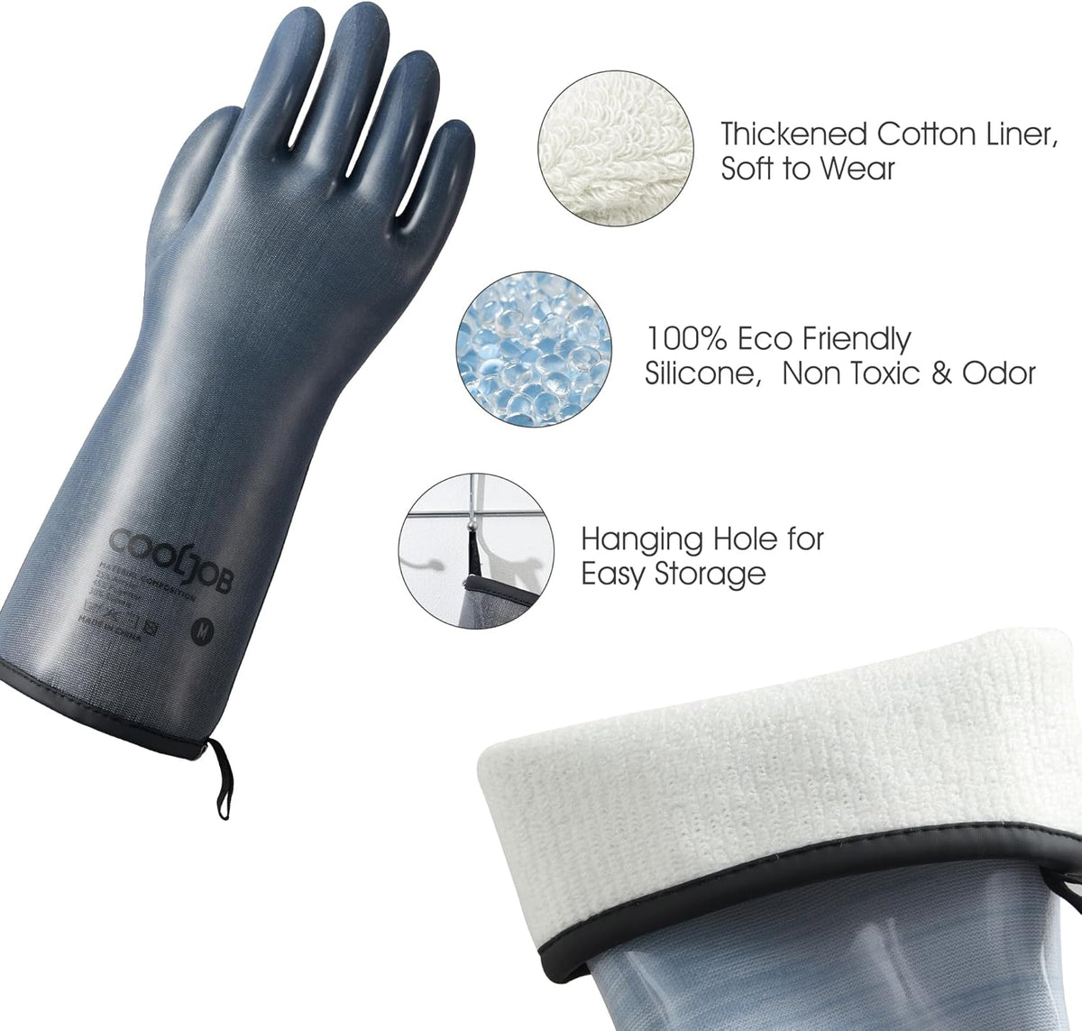 COOLJOB Heat Resistant Oven Gloves, Waterproof Liquid Silicone BBQ Grilling Gloves for Barbecue, Kitchen Cleaning, Baking, Food Contact, Black, Large