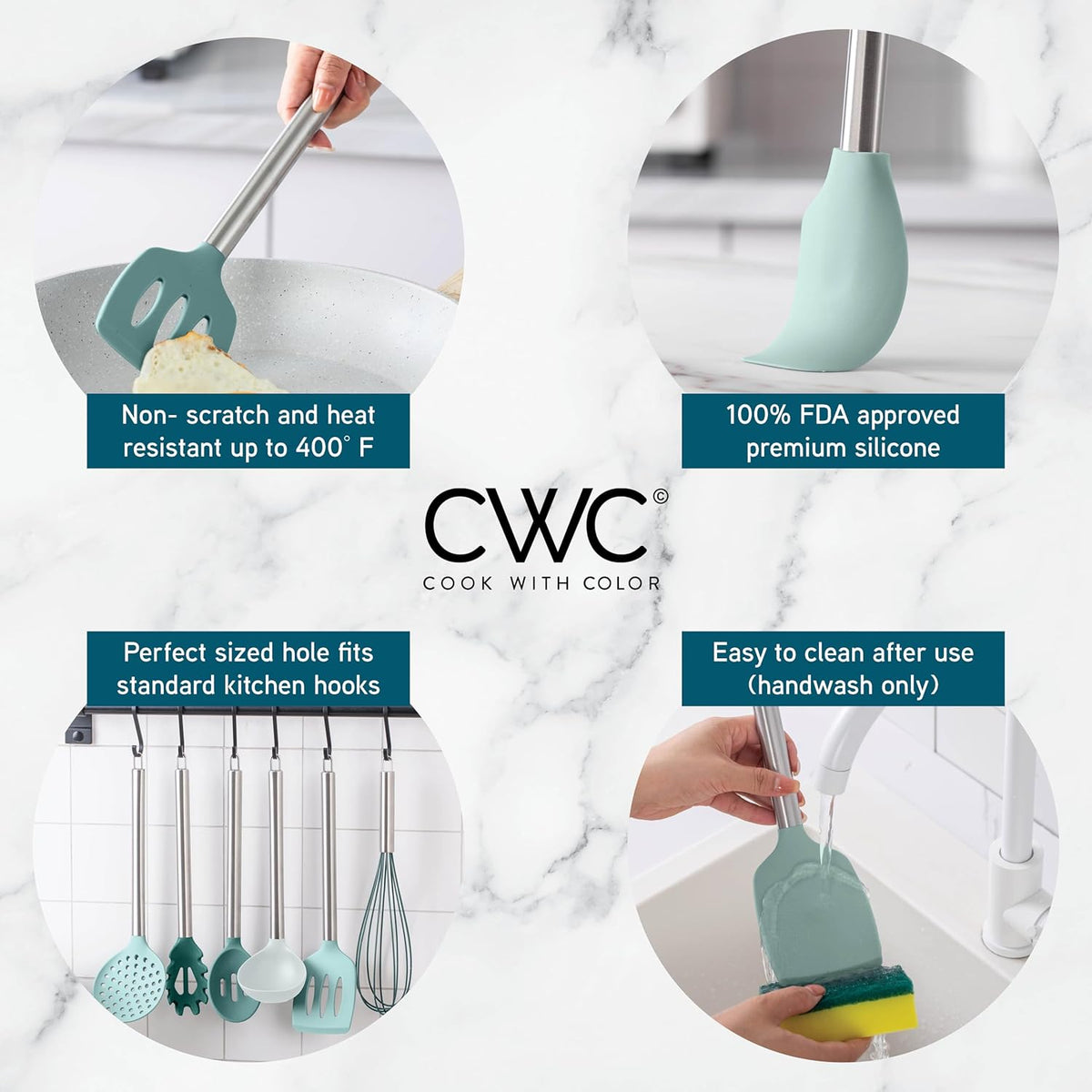 COOK WITH COLOR Silicone Cooking Utensils, Kitchen Utensil Set, Easy to Clean Silicone Kitchen Utensils, Cooking Utensils for Nonstick Cookware, Kitchen Gadgets Set, 10 Pieces, Teal