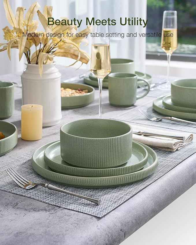 Famiware Star Dinnerware Set, Plates and Bowls Sets for 8 (24pcs), Ribbed Stoneware Dishes - Chip & Scratch Resistant, Microwave & Dishwasher Safe, Matte Sage Green