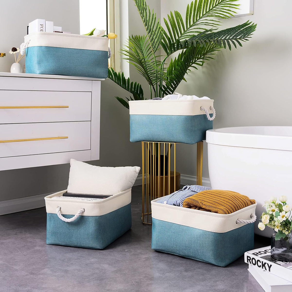 TcaFmac Storage Basket for Organizing - Large 4 Pack Fabric Storage Bins Baskets for Shelves with Ropes, Collapsible Storage Cubes for Closet Toy (White & Green16x12x8 inch)