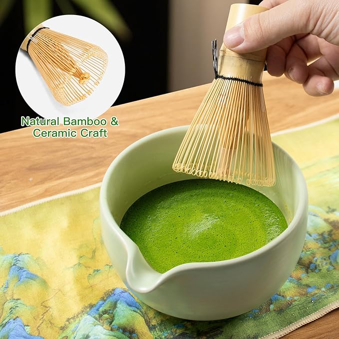 Matcha Whisk Set, 9PCS Ceramic Matcha Tea Set Includes Bowl, Whisk and Holder, Bamboo Scoop, Scoop Rest, Sifter and Tea Towel for Traditional Matcha Ceremony Matcha Lovers