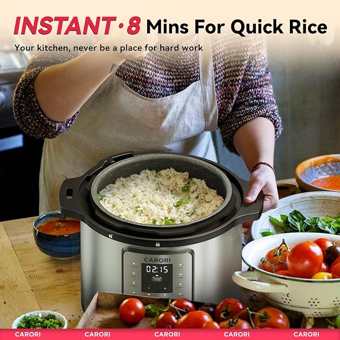 CARORI 1200W 12-in-1 Electric Pressure Cooker 8Qt, Stainless Steel Pressure Cooker, Slow Cook Rice Cooker Steamer Sauté, Yogurt Maker, Warmer & Sterilizer with Recipe, Safer Venting Design, Sliver