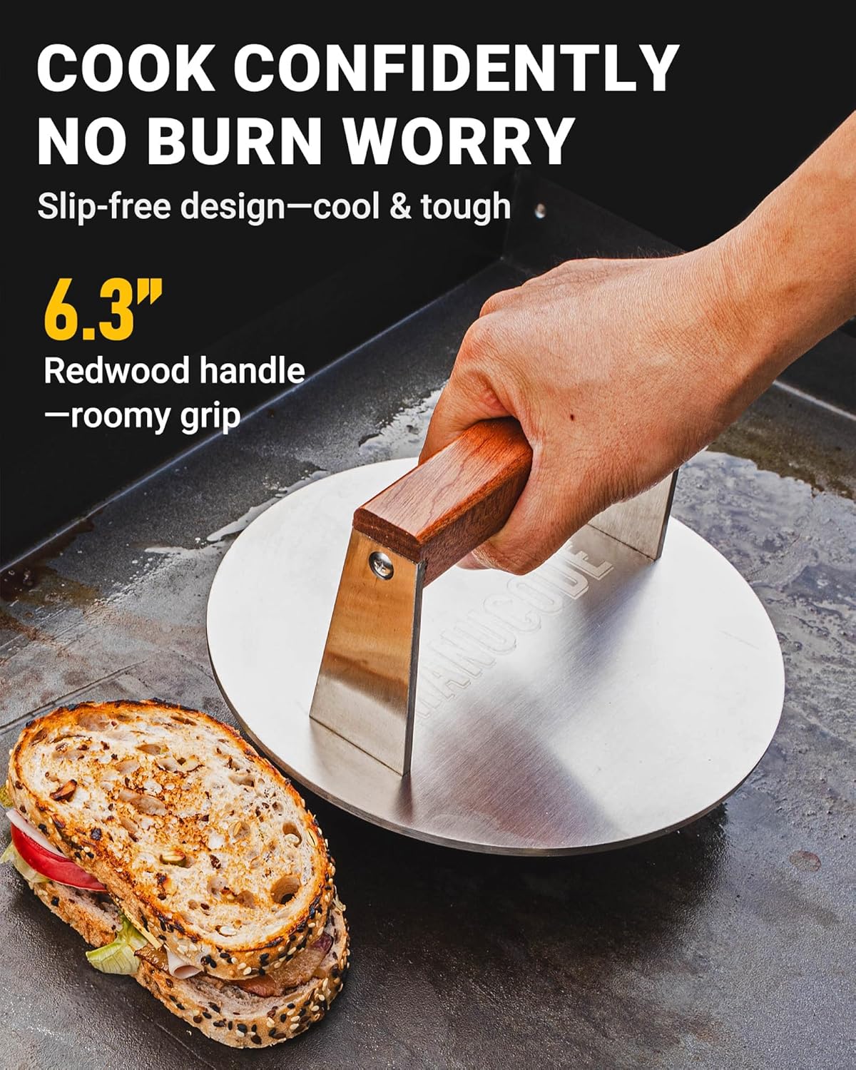 Smash Burger Press 8 Inch, 3.1 Lb Burger Smasher, Heatable for Searing Panini, Steak, Chicken, Salmon, Stainless Steel Bacon Press, Flat Bottom, Seasoning Free, Wooden Handle No Spin