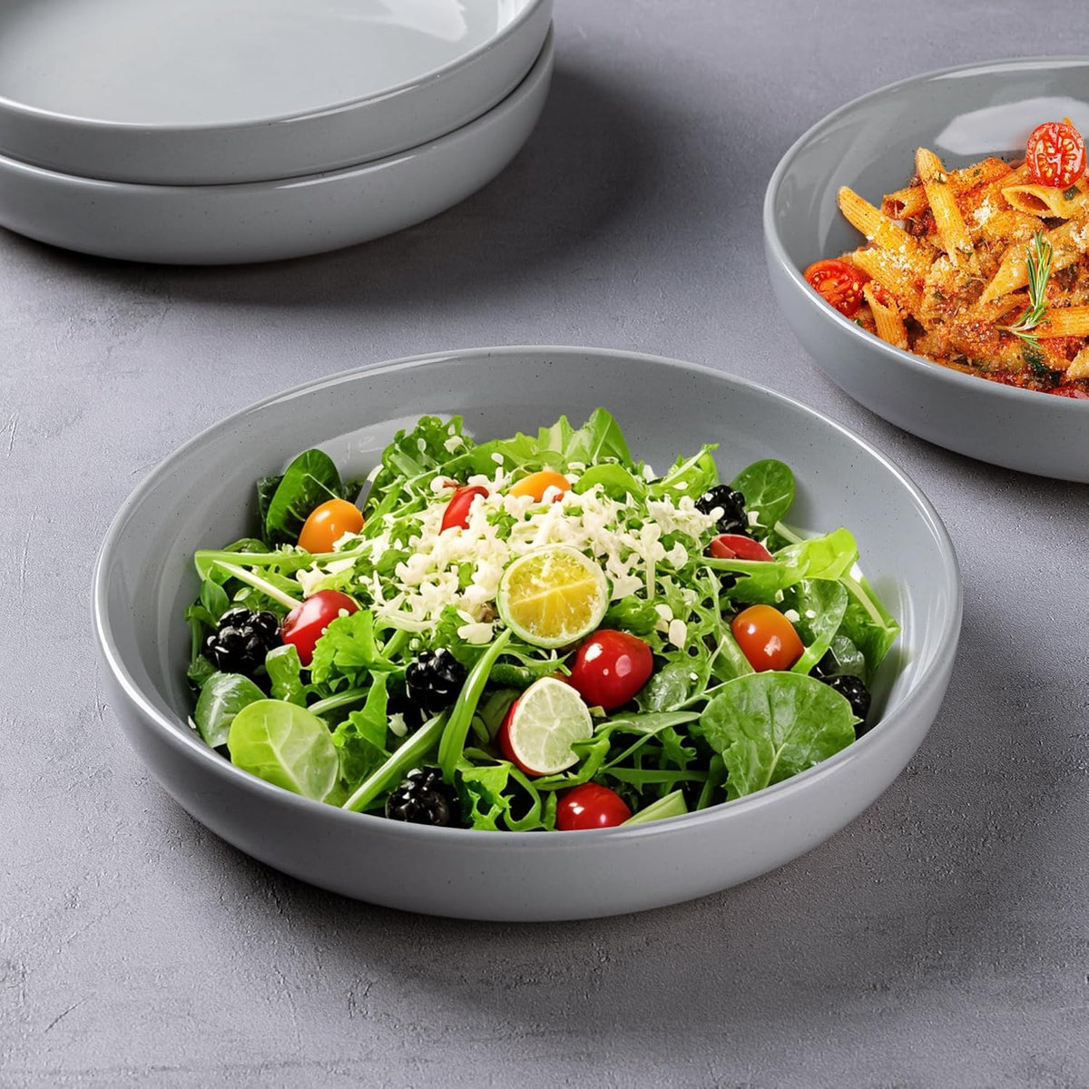 AmorArc 8.75'' Large Ceramic Pasta Bowls, 36oz Handpainted Stoneware Bowls Set of 4, Microwave&Dishwasher Safe Bowls with Wavy Rim&Rustic Terracotta Underside for Pasta Salad, Gray