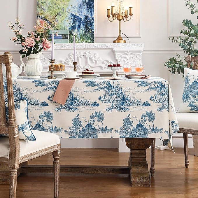 patdrea Designer Vintage Cyan Tablecloth for Rectangle Table,Linen Ancient Castle and Manor Pattern Tablecloths,Table Cover Decor for Kitchen Dining Christmas,Thanksgiving,55"x87"-Lucerne a