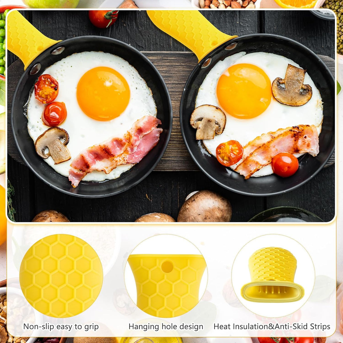 Patelai 2pcs Silicone Handle Cover for Cast Iron Skillet Kitchen Silicone Handles for Pots and Pans Non-Slip Pot Holder Sleeve for Fry Pan Griddles Metal Aluminum Cookware(Yellow)