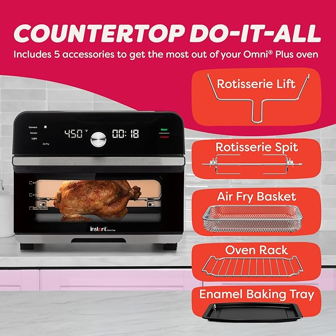 Instant Pot Omni Plus 19QT/18L Toaster Oven Air Fryer, 10-in-1 Functions, Fits 12" Pizza, Crisp, Broil, Bake, Roast, Toast, Warm, Convection, 100+ In-App Recipes, from the Makers of Instant Pot, Black