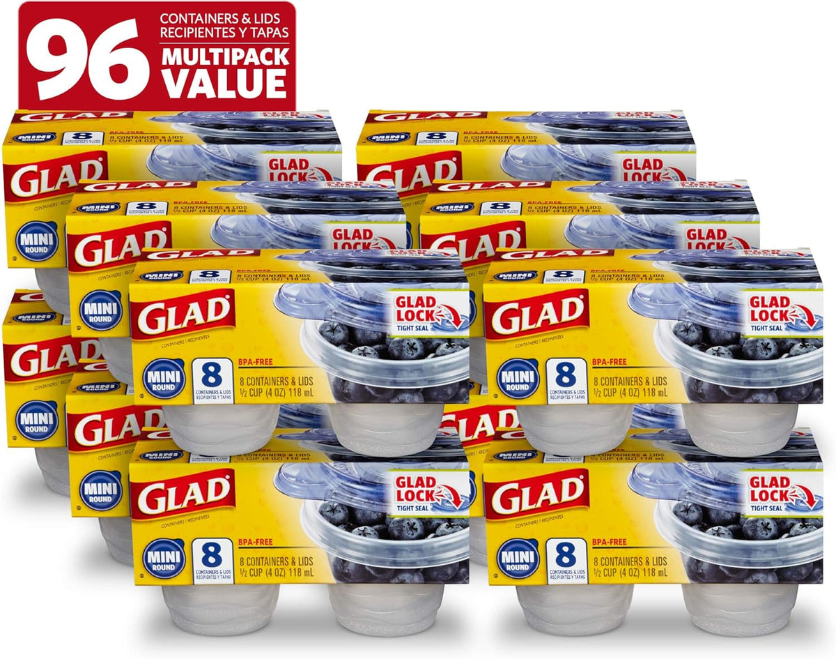 Glad GladWare Mini Round Food Storage Containers - Small Meal Container Holds up to 4 Ounces of Food - Lock Tight Seal, 8 Count - 12 Pack