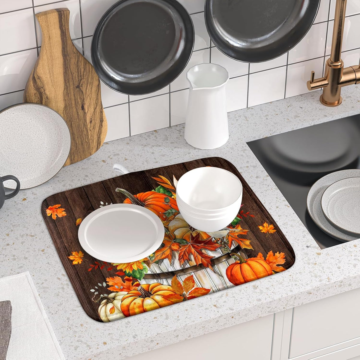 Fall Pumpkin Dish Drying Mat for Kitchen Counter Decor 16x18 Inch Halloween Thanksgiving Dish Drainer Mats Absorbent Reversible Dishes Pad