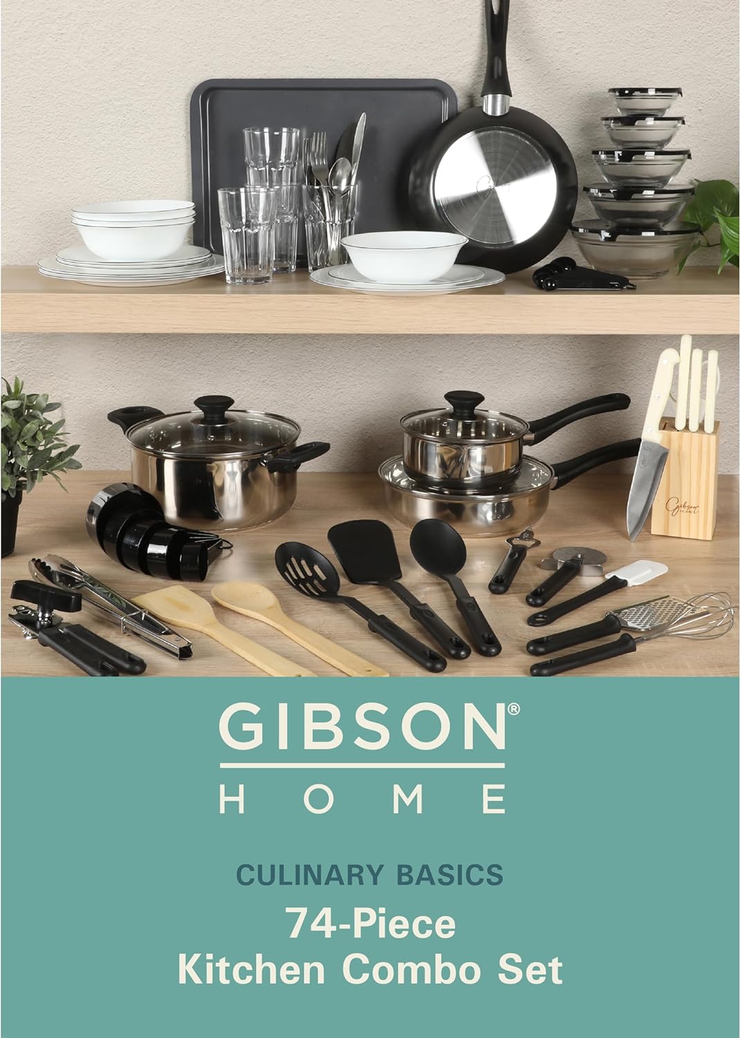 Gibson Home 74 Piece Kitchen in a Box Pots and Pans Cookware, Plates and Bowls Dinnerware, Cutlery Knife Block, Flatware Utensils, Tools & Gadgets, Storage, Glasses Set