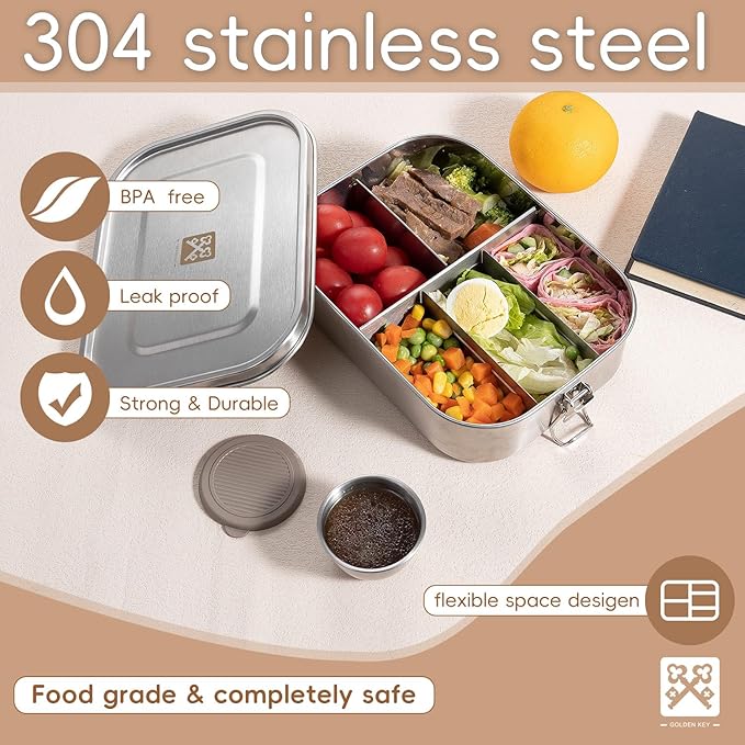 GOLDEN KEY 47QZ Stainless Steel Bento Box with 5 Compartments,1400ml Large & Thickened Metal Lunch Box for Kids or Adults,Eco-friendly Leak-Proof Container with Lockable Clips