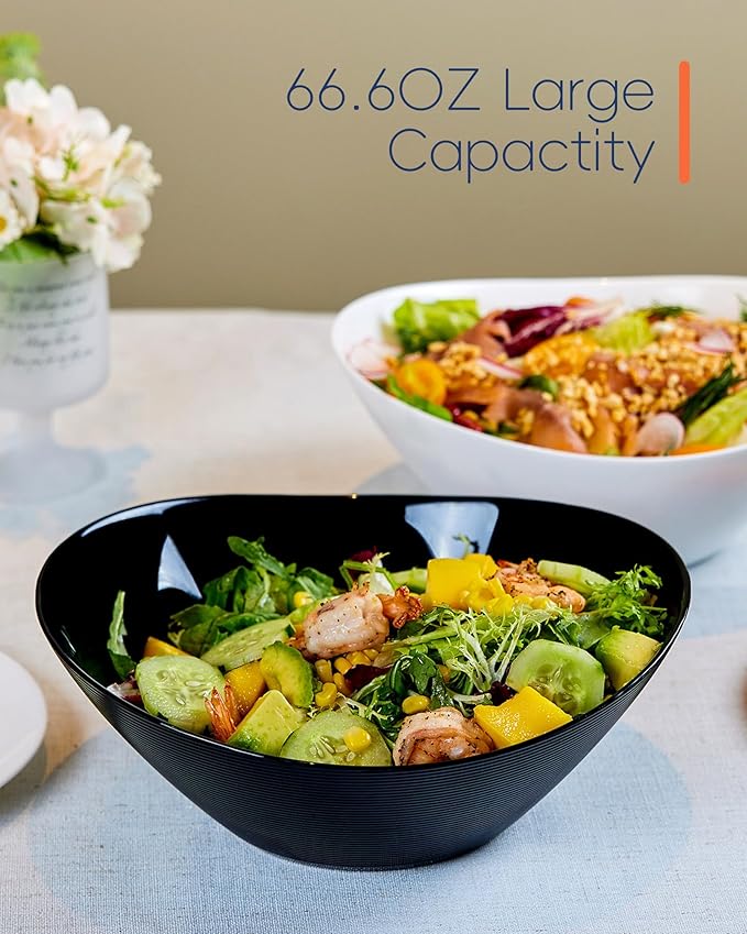 66 OZ Salad Bowl Set of 2, Opal Glass 10 inch Lightweight Serving Dishes for Salad, Fruit, Kitchen Microwave & Dishwasher Safe, Oval Shape Black
