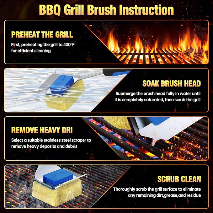 Grill Brush Bristle Free for Outdoor Grill, Steam Grill Cleaning Brush Replaceable BBQ Cleaner Brush Head,Extended Handle, Safe Grill Brush with Scraper for Cast Iron Stainless-Steel Grates,Blue