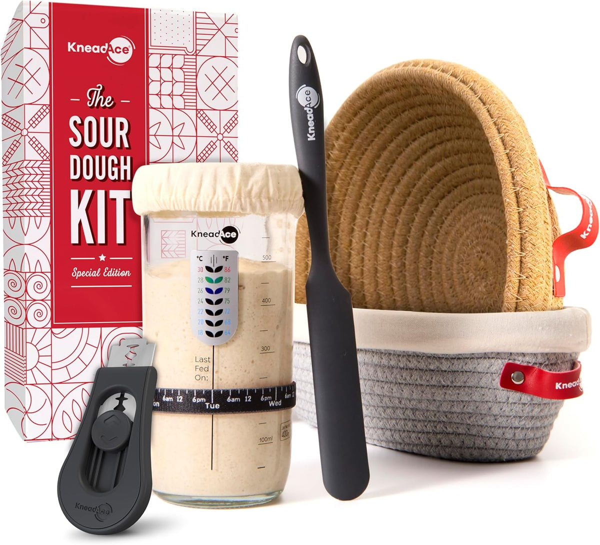 KneadAce Sourdough Starter Kit – 24oz Starter Jar, 2 Cotton Rope Banneton Proofing Baskets, Magnetic Bread Lame for Scoring – Gift for Bakers & Complete Sourdough Bread Baking Set