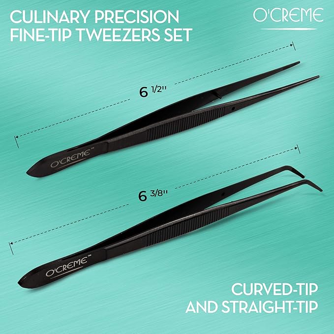 O'Creme Black Stainless Steel Precision Kitchen Culinary Fine-Tip Tweezer Tongs, 1 Curved and 1 Straight