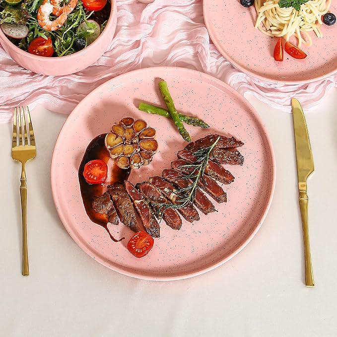 GZG Ceramic Dinner Plates Set of 4, 10.25 Inch Speckled Stoneware Plates with Clay-Tone Base, Large Ceramic Plates for Steak, Salad, Pizza, Microwave Oven Dishwasher Safe