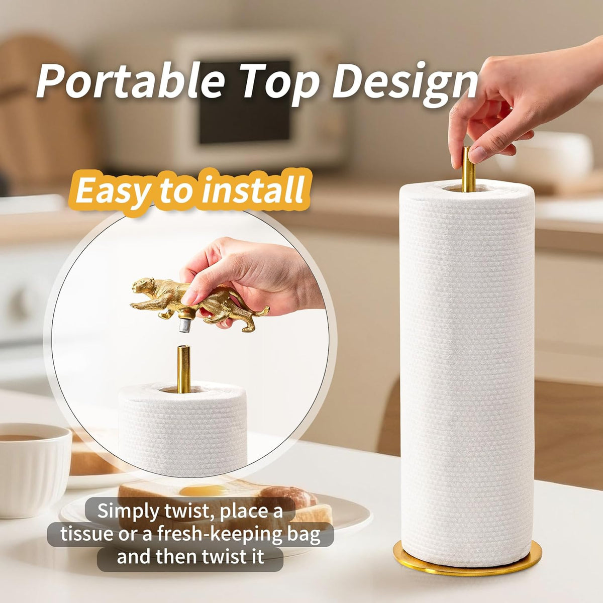 Gold Paper Towel Holder for Countertop, Vintage Brass Paper Holder for Kitchen, Bathroom, Dining Room, Non-Scratch Base & Detachable Leopard