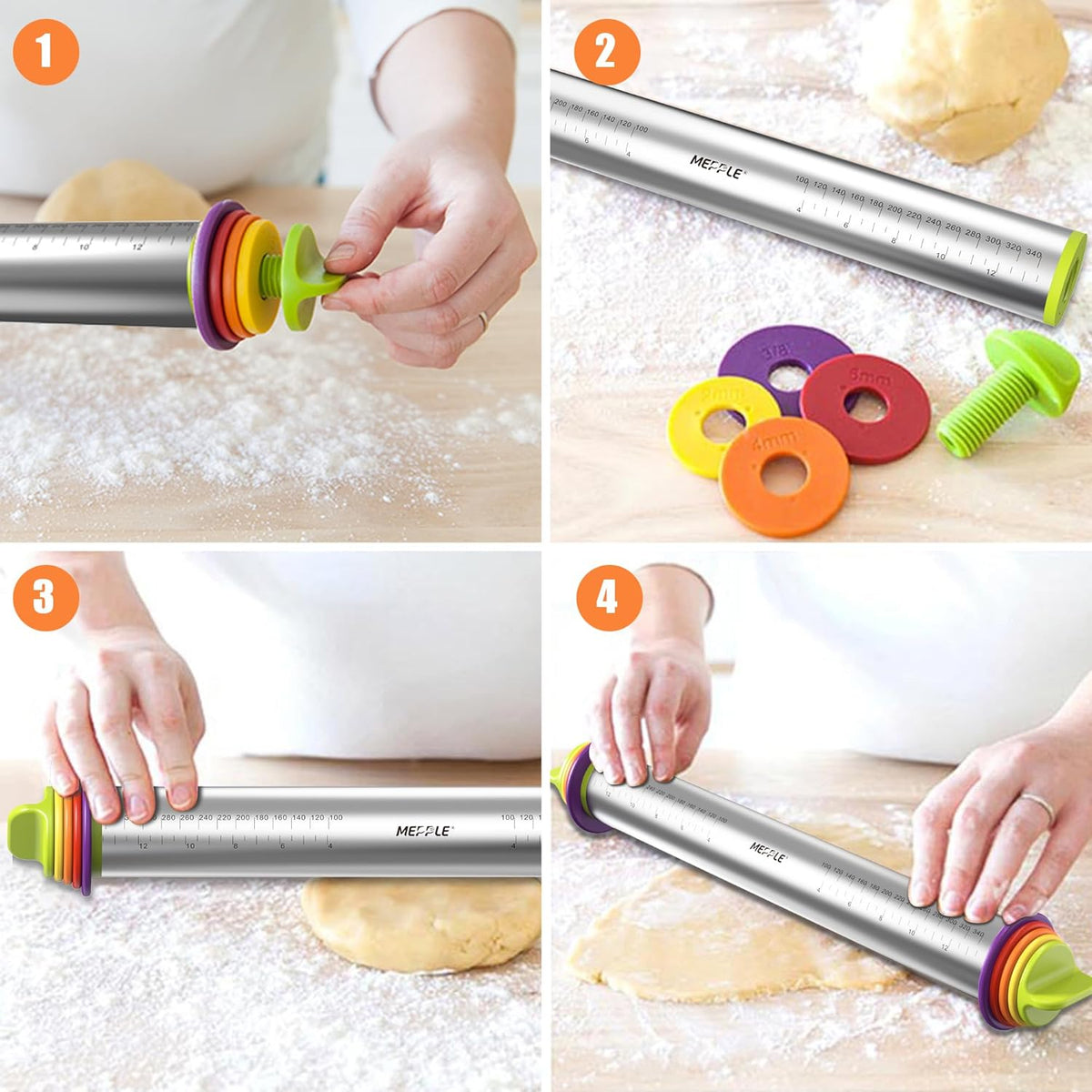 Stainless Steel Rolling Pin with Thickness Rings for Fondant, Pizza, Cookie, Pastry, Pie,Roller Rod for Dough Thickness,Rolling Pin for Baking, 13.6" with 4 Thickness Rings and Wooden Stand