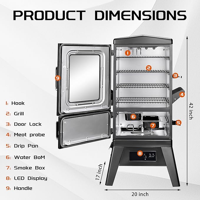 MAISON HUIS Electric Smoker for Outdoors, Built-in Meat Probe & Elevated Stand for Outdoors, BBQ Smoker with 4 Cooking Grates, LED Display Temperature Control, Smoke More with 633 sq in Cooking Area