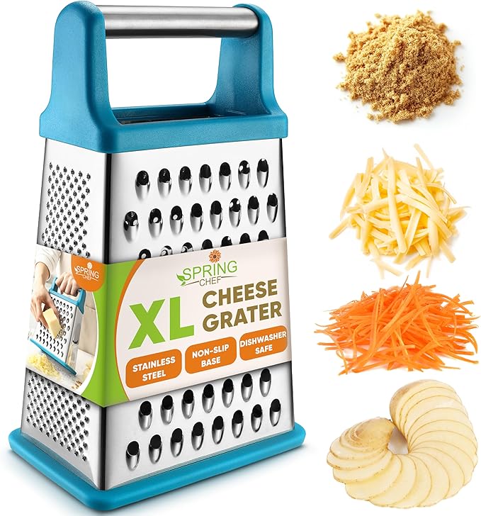 Spring Chef Handheld Stainless Steel XL Parmesan Cheese Grater with Handle - 4 Sided Metal Box Grater for Kitchen - Dishwasher Safe Potato Shredder for Hash Browns, Potato, Carrot, Vegetables - Teal