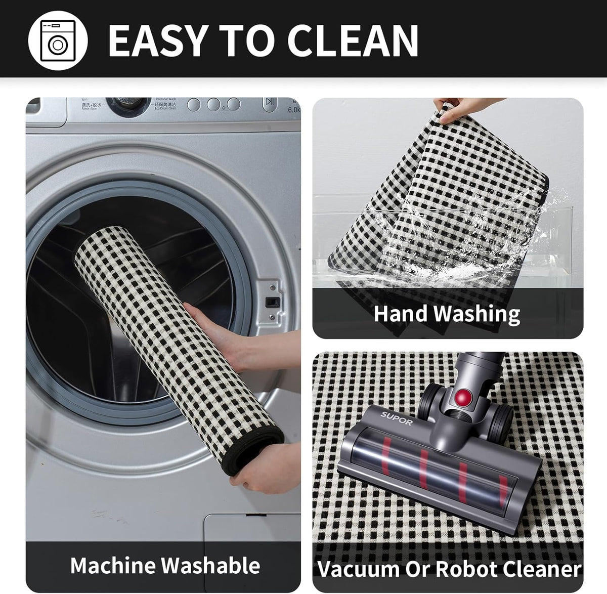 Large Kitchen Runner Rugs Long Kitchen Mat Non Slip Washable, Super Absorbent Soft Chenille Braided Kitchen Mats for Floor, Rubber Backing Kitchen Sink Standing Mat, Easy Clean, Black 36"x71"