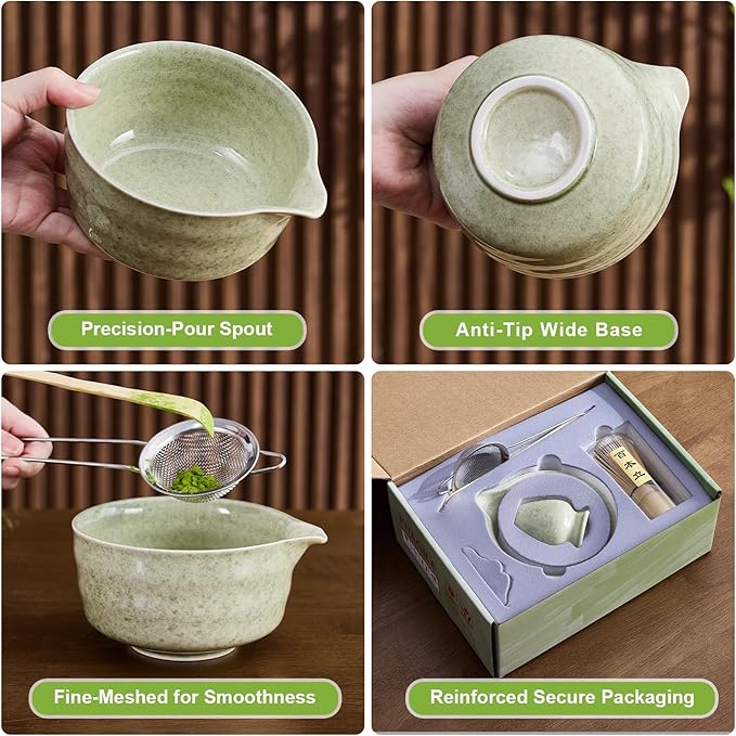 5Pcs Matcha Whisk Set - Matcha Bowl with Spout, 100% Bamboo Whisk (Chasen), Holder, Stainless Sifter, Tea Scoop. Japanese Ceremony Matcha Kit for Beginners, Ideal Gift for Tea Lovers (Green)