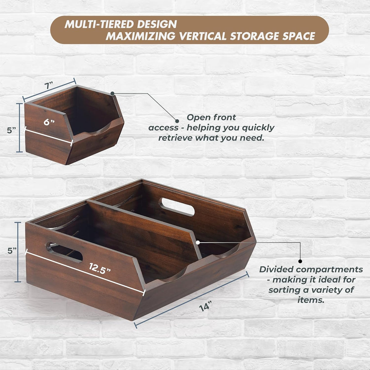 Acacia Wood Pantry Storage Bins - Stackable Open Front Kitchen Baskets with Airflow Vent for Potato, Onion, Fruit, Vegetable, and Bread Storage, Wood Organizer for Pantry and Countertop