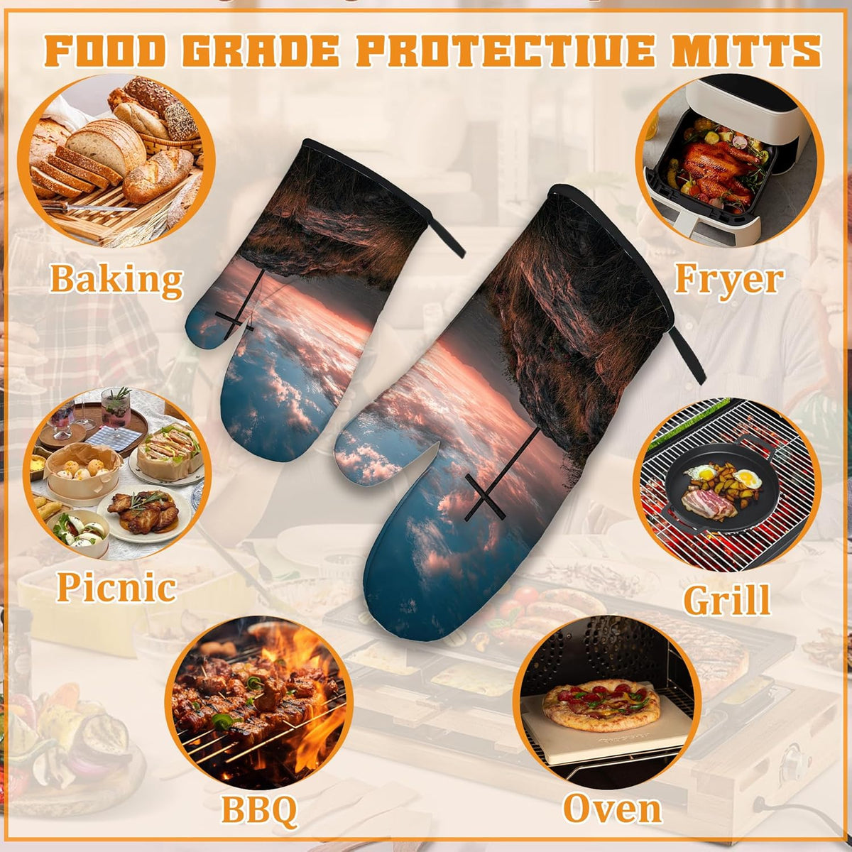 Cross Oven Mitts and Pot Holders Set,Sunset Mountain Kitchen Decor Heat Resistant Non Slip Hot Pads and Oven mitt for Chef Cooking Baking BBQ Mom Girl Gifts(4 Piece Set)
