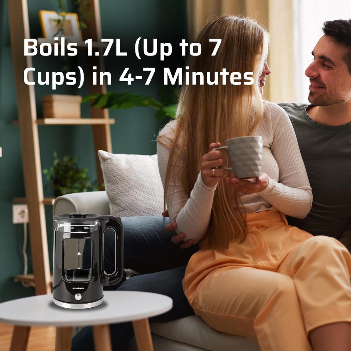 Epsilon 1.7L Glass Electric Kettle – Hot Water Tea Kettle with LED Light, Stainless Steel & Borosilicate Glass, Auto Shut-Off, BPA-Free Electric Teapot, 1500W Fast Boil, Cool Touch