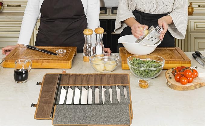 Denifiter Professional Chef's Knife Bag with Anti Cutting Fabric Inside, Heavy Duty 16oz Waxed Canvas Knife Roll, 11 Slots & Durable Handle Adjustable Shoulder Strap (Grey)