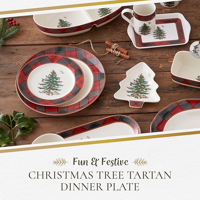 Spode Christmas Tree Tartan Dinner Plate, 10.5-Inch Festive Holiday Tableware, Colorful Christmas Dishes with Tartan Plaid Border, Fine Earthenware, Microwave & Dishwasher Safe Decorative Plate