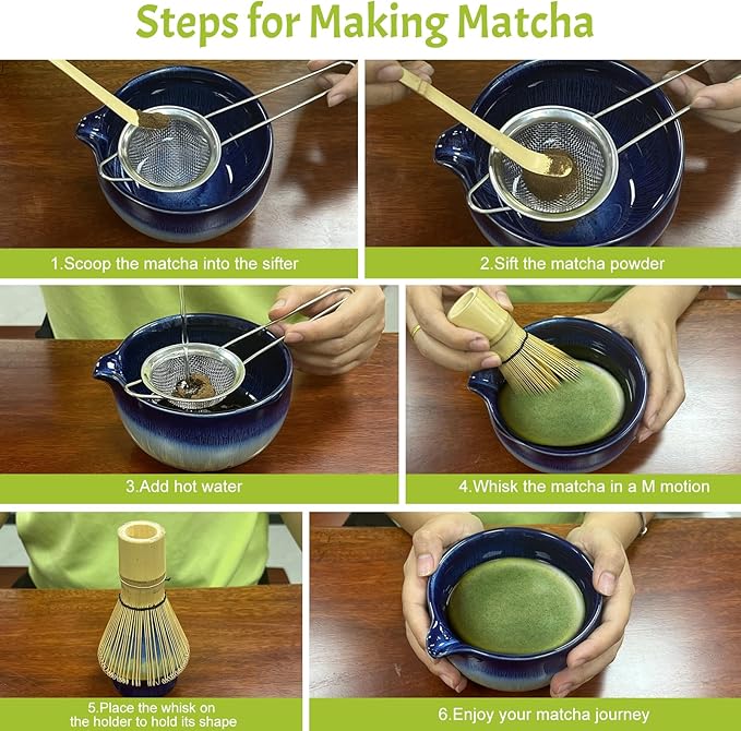 Matcha Whisk Set 6 pc Kit - Traditional Japanese Chasen, Bamboo Whisk Holder, Ceramic Bowl with Spout, Sifter & 2 pc Spoons - matcha kit set, Gift for Matcha Tea Lovers (Gradient Blue)