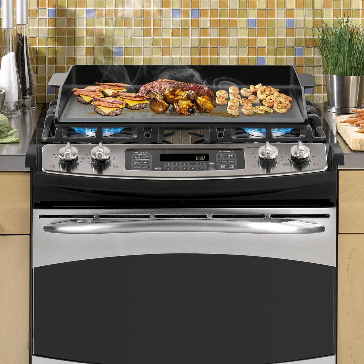 Onlyfire Universal Cast Iron Cooking Griddle, Pre-Seasoned Nonstick Coating Griddle Flat Top Grill Plate with Extra High Sidewalls for All Gas Grills and 4 Burner Range Oven, 23" x 16"