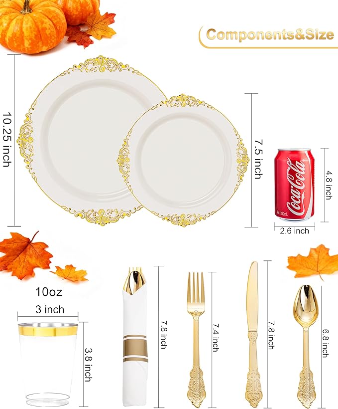 Nervure 350PCS Ivory Plastic Plates - Ivory Gold Plastic Dinnerware Sets for 50 Guests - 100 Gold Disposable Plates, 50 Pre Rolled Silverware Sets, 50 Cups Perfect for Wedding & Thanksgiving