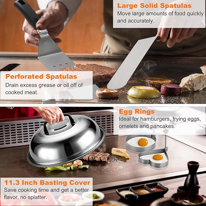grilljoy Professional Griddle Accessories Kit Set with Smash Burger Press - Extra Thick Grill Spatula, Turner, Flipper - 38PCS Flat Top Grill Tools Kit for Outdoor Barbecue Teppanyaki Camping Cooking