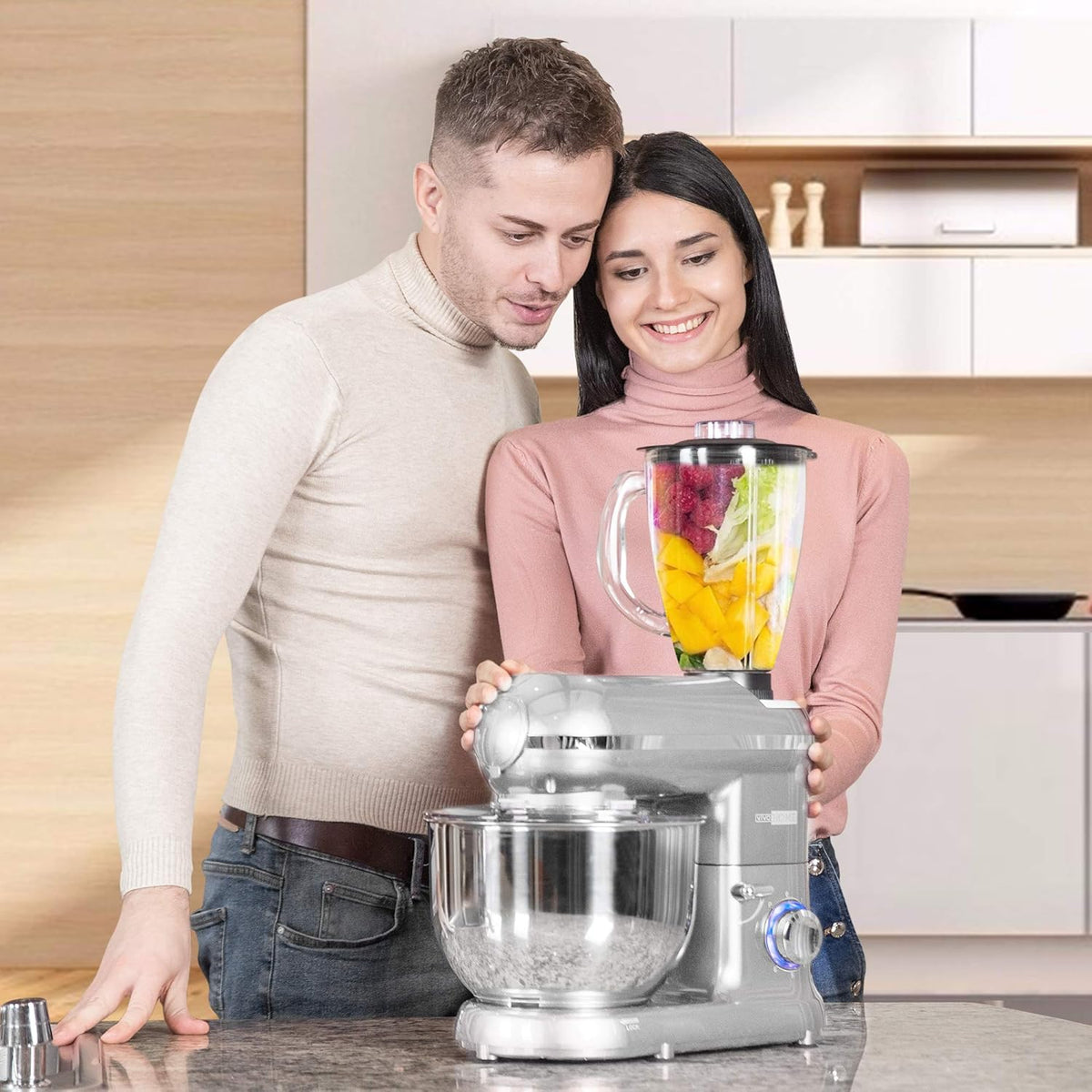 VIVOHOME 3 in 1 Multifunctional Stand Mixer with 6 Quart Stainless Steel Bowl, 650W 6 Speed Tilt-Head Meat Grinder, Juice Blender, Silver