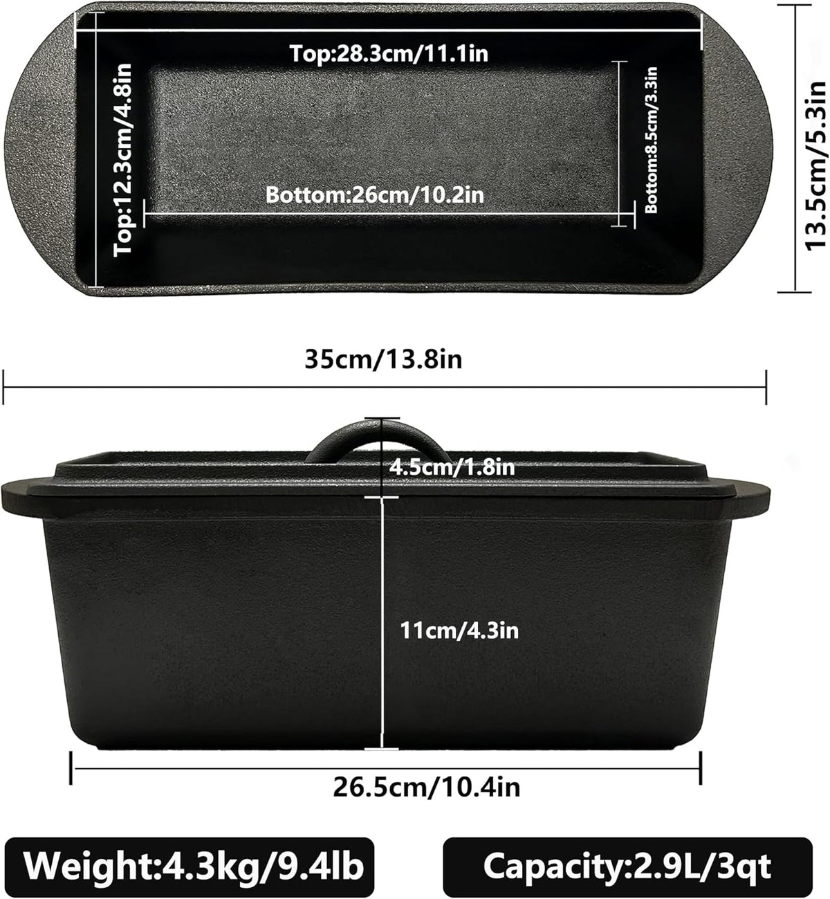 Cast Iron Bread Loaf Pan with Lid - 11x5 Inch Heavy Duty Dutch Oven for Sourdough Baking & Artisan Bread Pre-Seasoned Sandwich, 3 Quart Nonstick Loaf Pan for Home Kitchen Restaurant