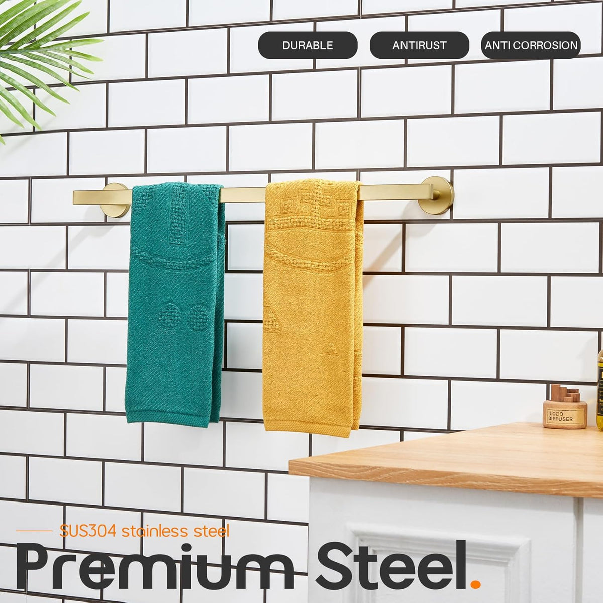 24 Inch Bathroom Towel Bar Bath Towel Rack Kitchen Towel Holder Towel Rails Wall Mounted SUS304 Stainless Steel Brushed Gold AN4001GD-L24