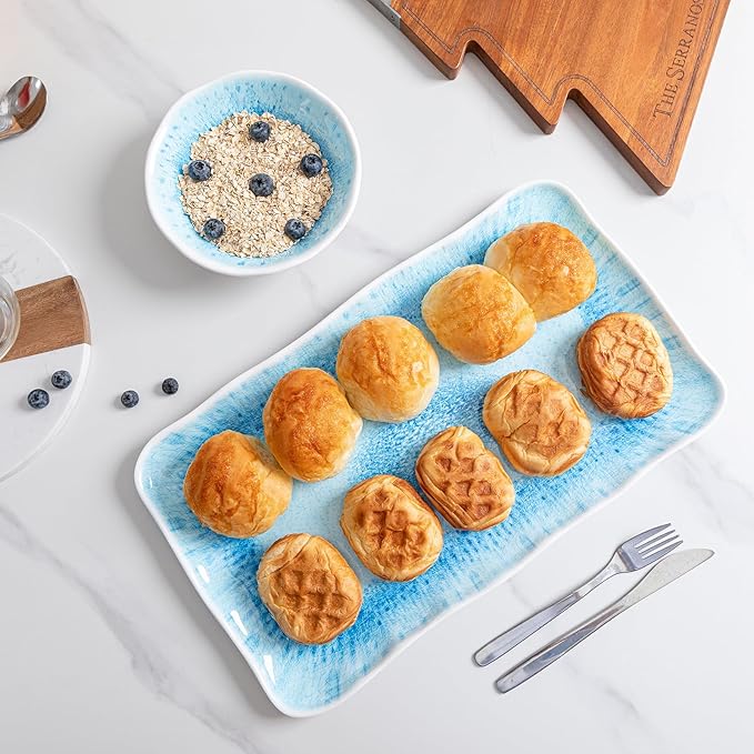 Large Farmhouse Melamine Serving Trays, Set of 2, 17 x 10 inches Serving Platters for Food Serving, Durable and Dishwasher Safe BBQ Tray, Reactive Blue