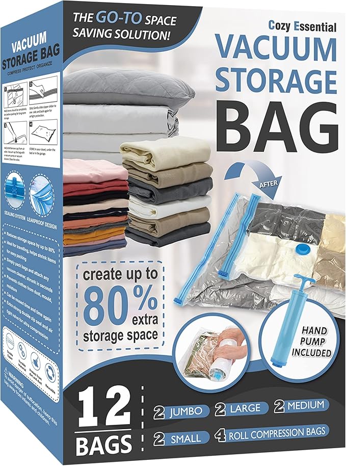 12 Pack Vacuum Storage Bags, Space Saver Vacuum Storage Bags, Vacuum Seal Bags for Clothing, Clothes, Comforters and Blankets, Hand Pump Included