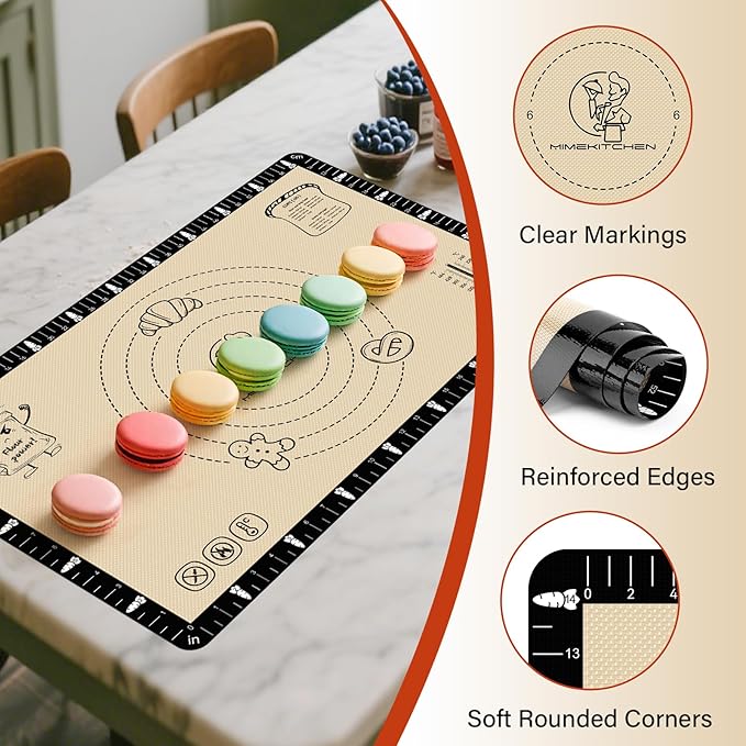 Silicone Macaron Baking Mat with Recipes, Silicone Mat for Baking Bread, Pizza, Extra Thick Silicone Baking Mat with Measurement, Non Stick Pastry Mat for Dough Rolling Out