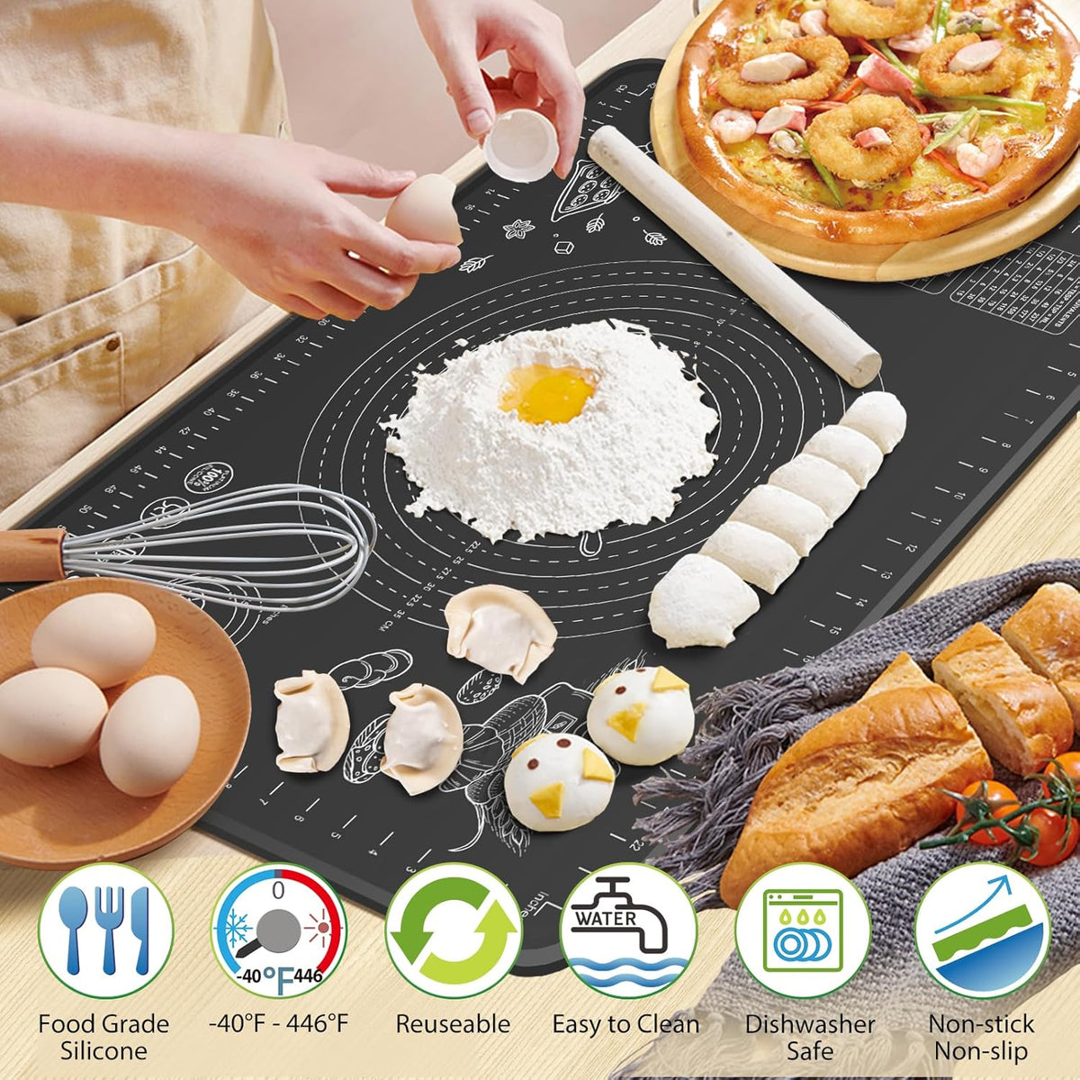 Silicone Baking Mat 32" x 24" Extra Thickness Dough Rolling Mat with Measurements and Edge Heightening, Non-stick Food Grade Silicone Pastry Mat for Pastry, Bread, Cookies, Pizza, Fondant, Pasta-Black
